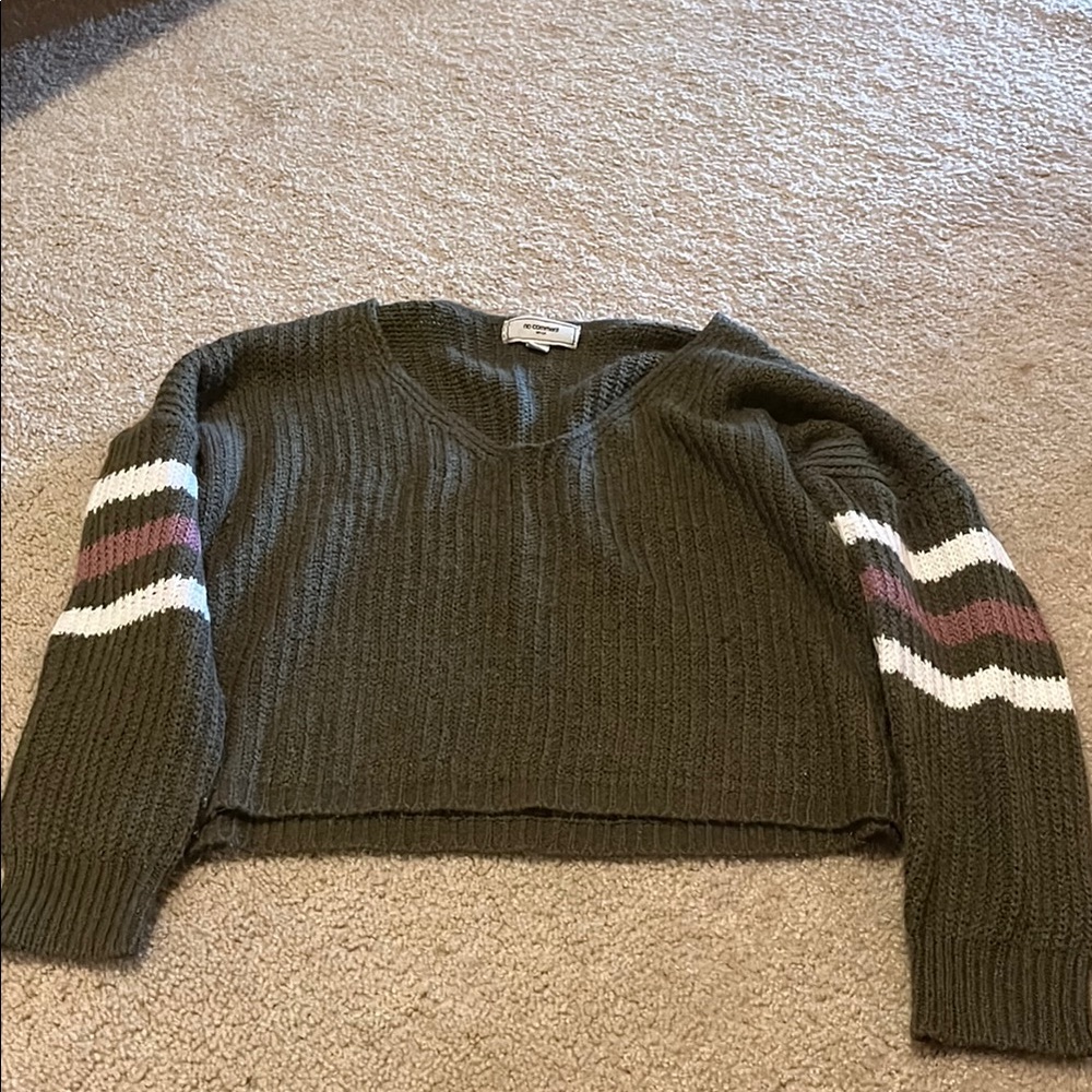 Olive Green Sweater with Striped Sleeves